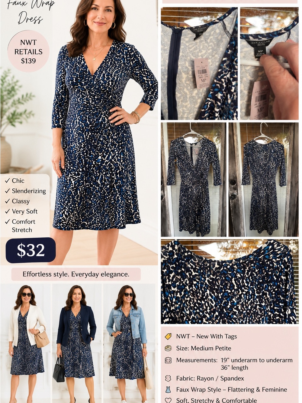 Maggy London Navy & White Abstract Faux-Wrap Midi Dress